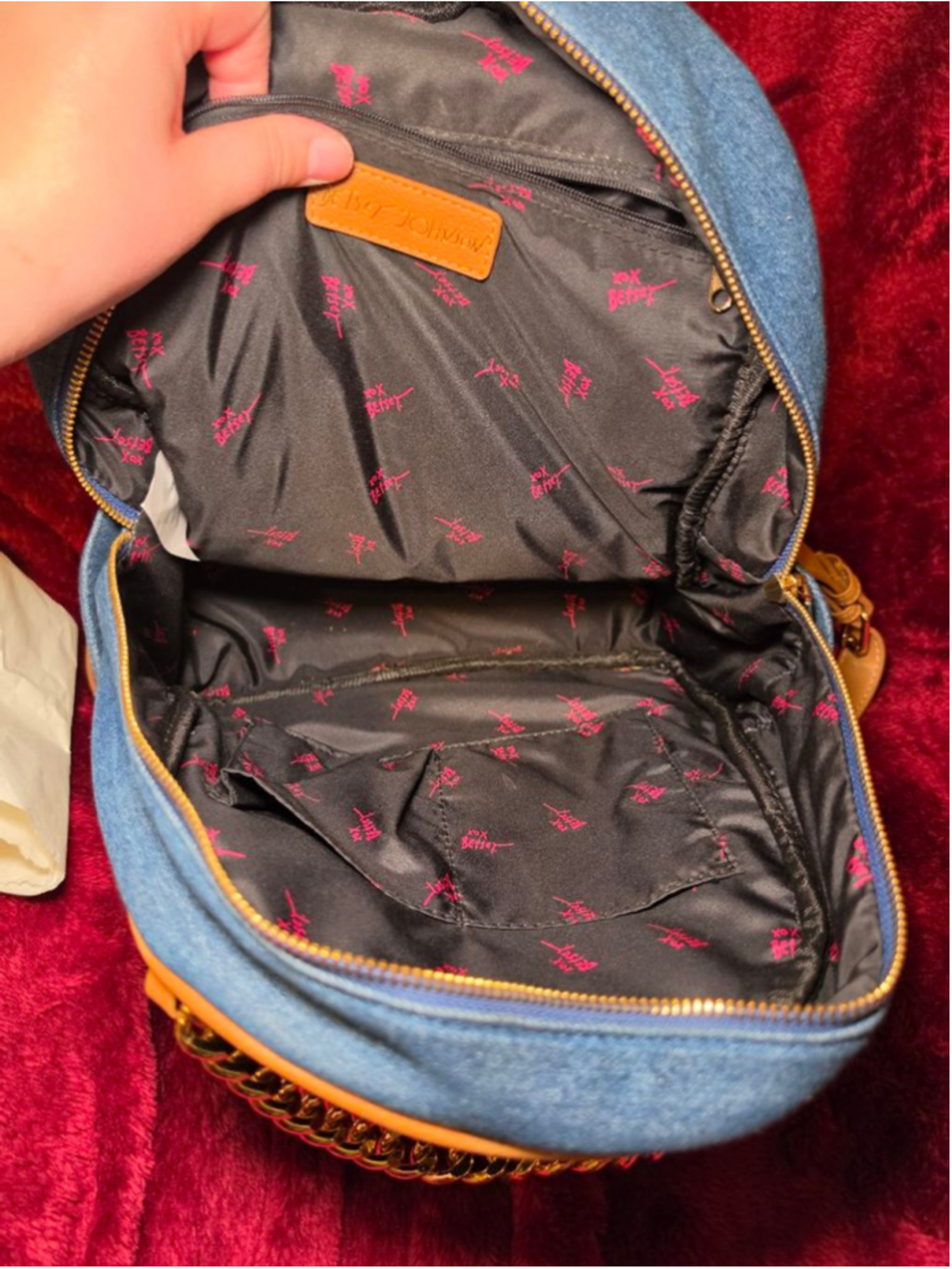 Betsey Johnson Blue Denim Backpack One Size with Brown Straps - Picture 6 of 6